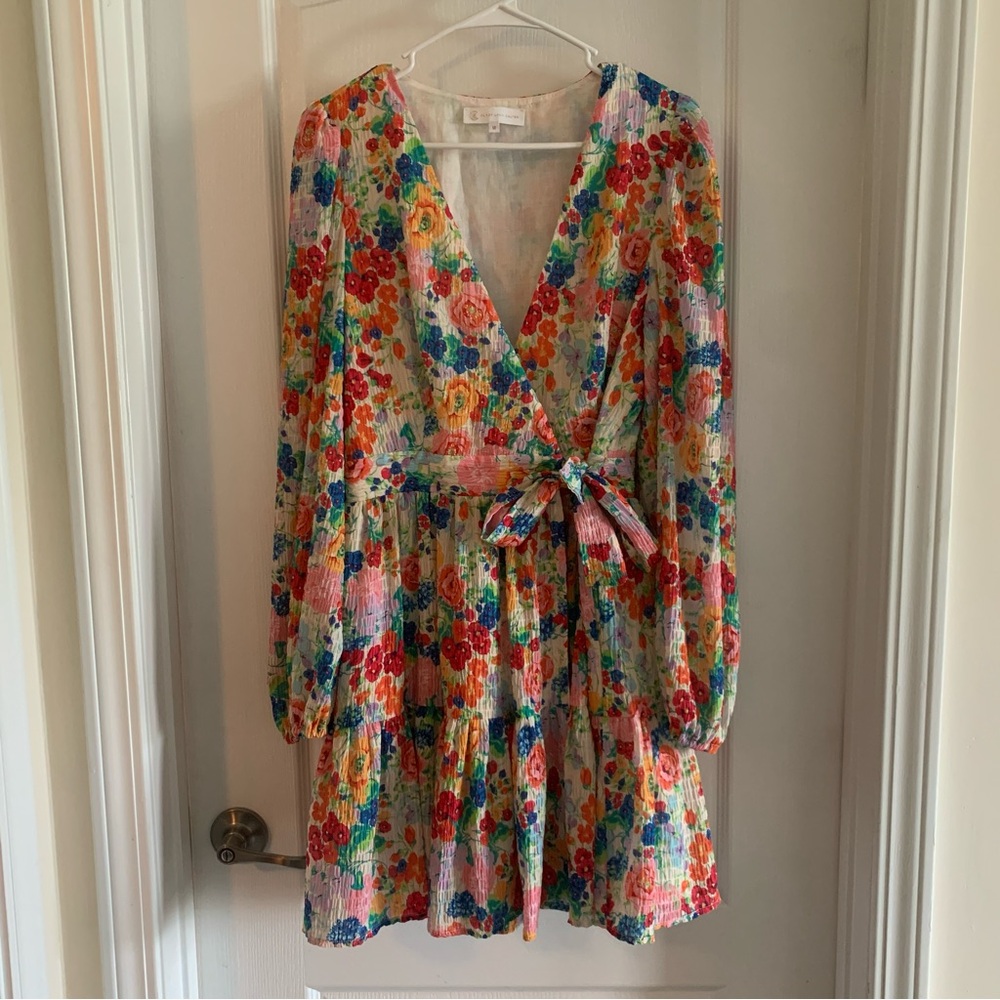 Women’s Medium COREY LYNN CALTER Multi Pleated Floral L/S Mini Wrap Dress